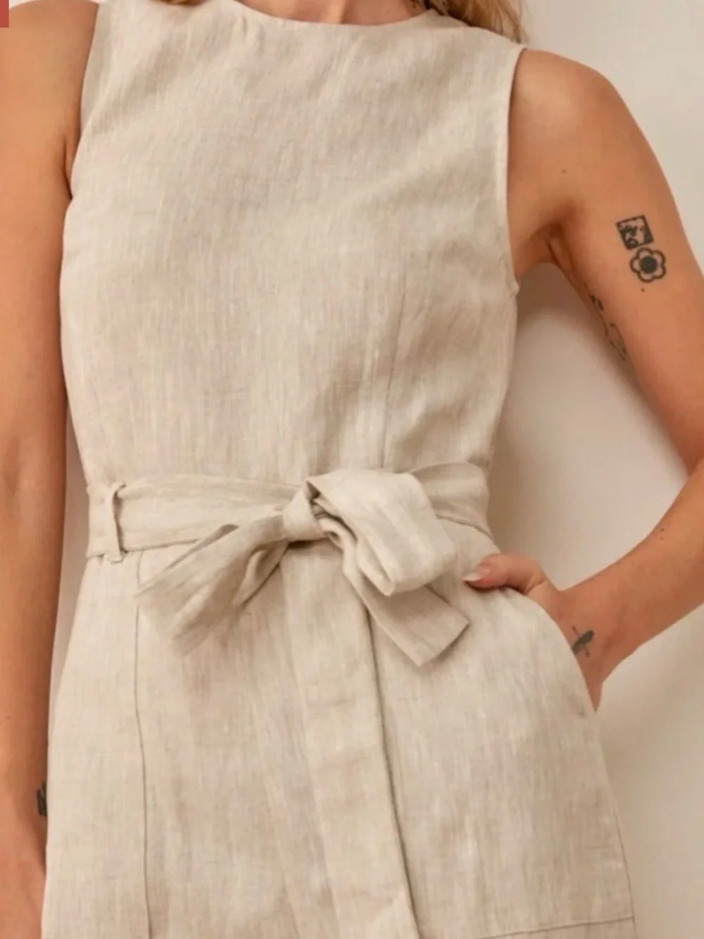 Reformation Naomi Sleeveless Tie-Waist Linen Jumpsuit in Natural Beige